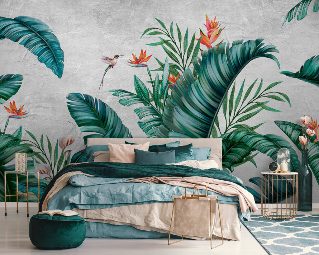 Tropical foliage with vibrant flowers