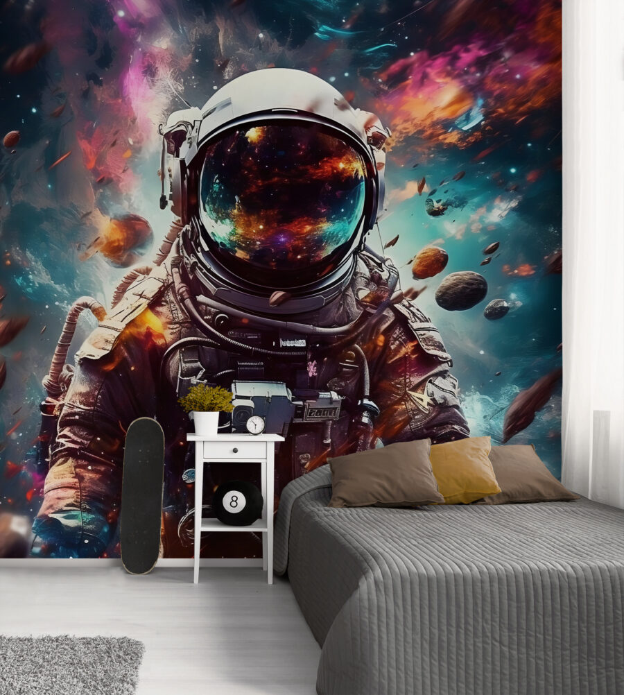 Un astronauta nello spazio con un grande casco