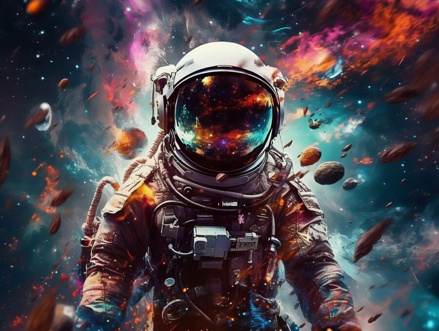 Un astronauta nello spazio con un grande casco