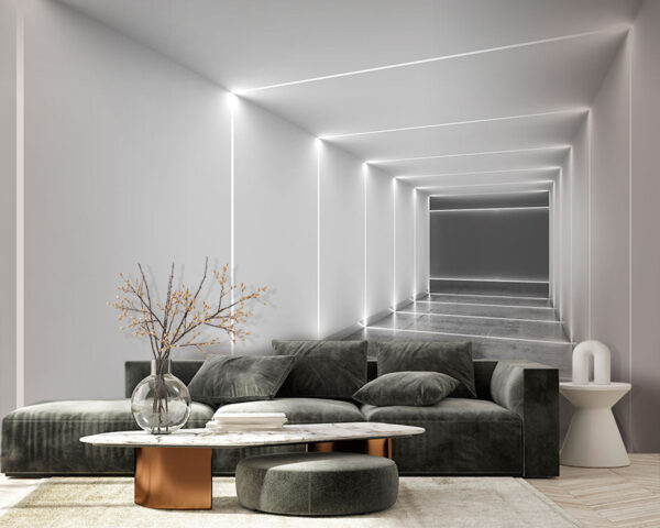 White hallway with lights