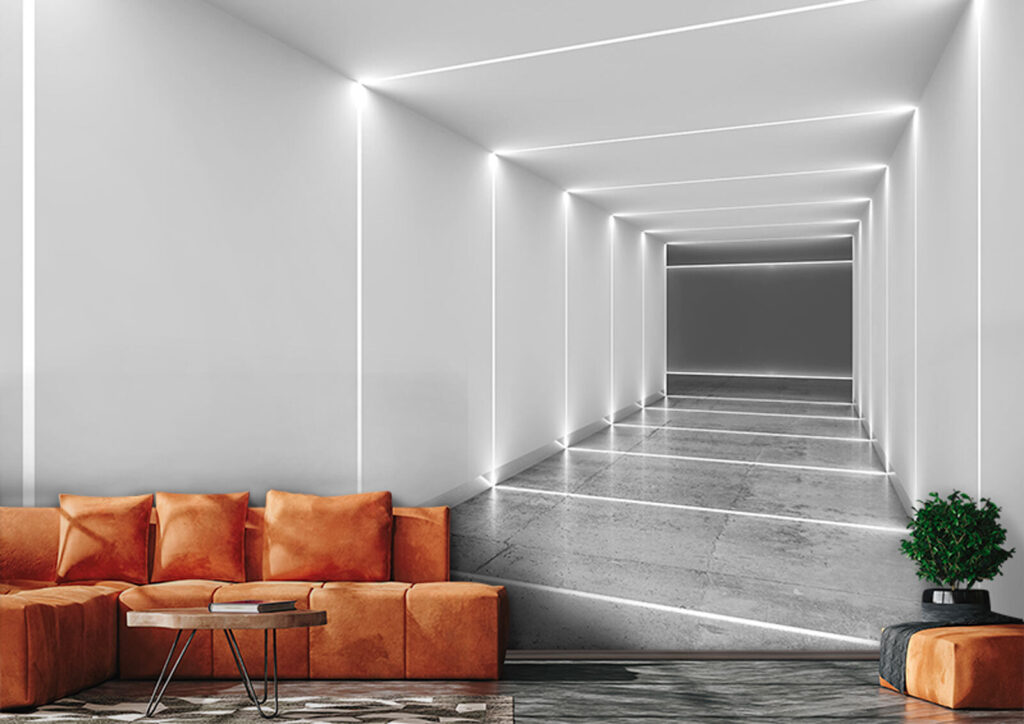 White hallway with lights