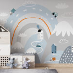 Carta da parati Cartone animato di una strada con case e arcobaleno