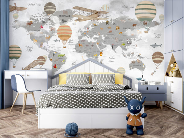 Mappa del mondo con animali e mongolfiere Mappa del mondo con animali e mongolfiere