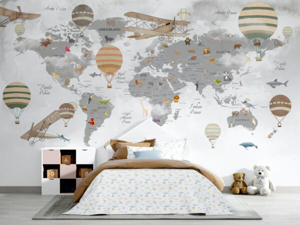 Mappa del mondo con animali e mongolfiere Mappa del mondo con animali e mongolfiere