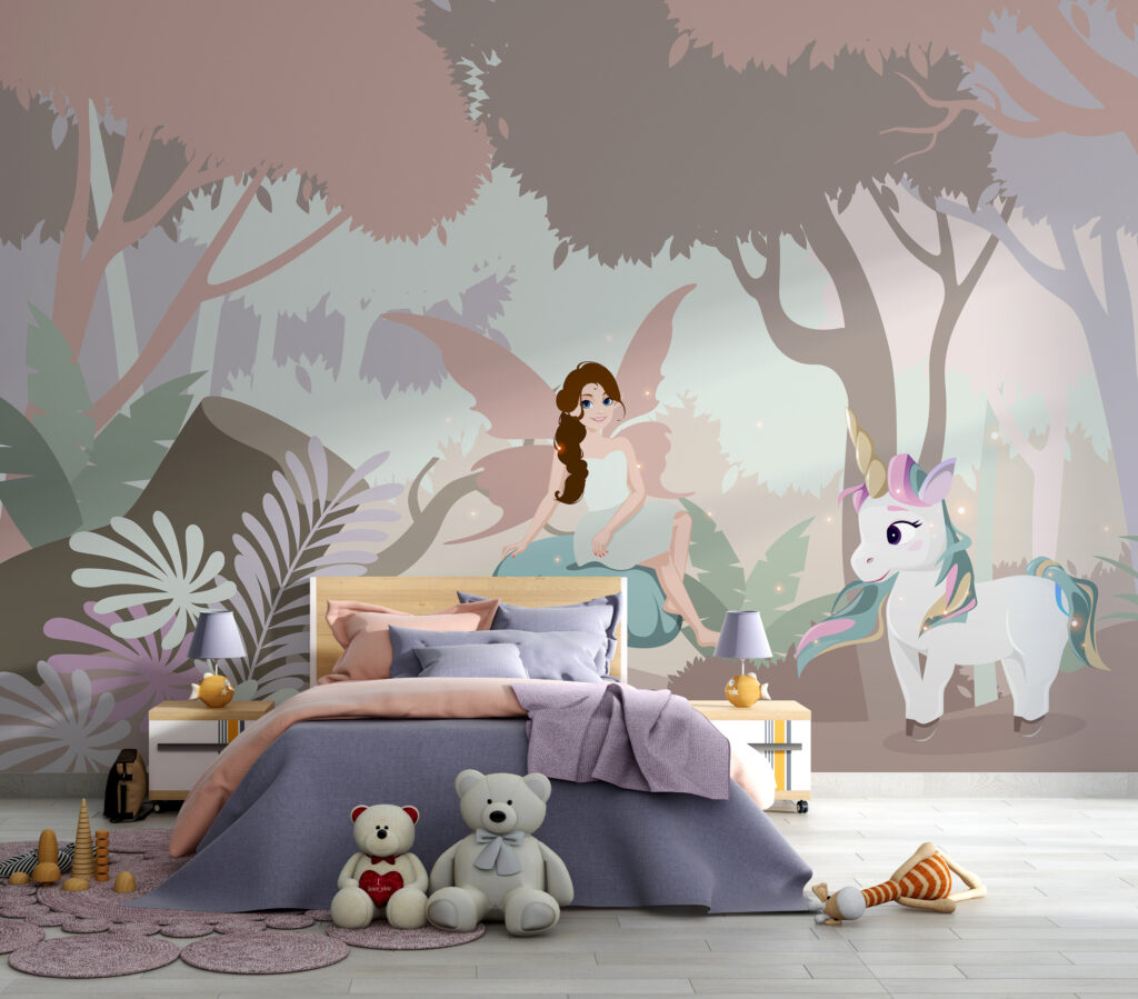 Cartoon of a woman sitting on a mushroom with a unicorn