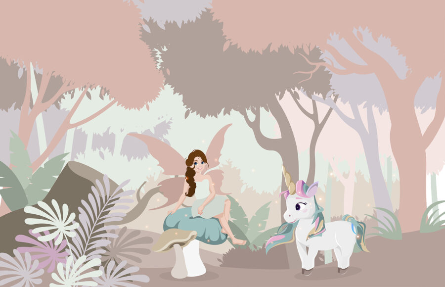 Vignetta di una donna seduta su un fungo con un unicorno