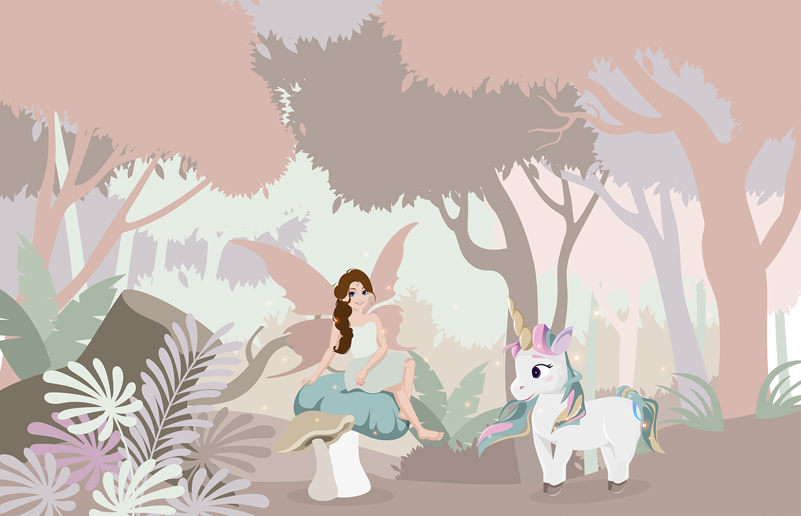 Cartoon of a woman sitting on a mushroom with a unicorn