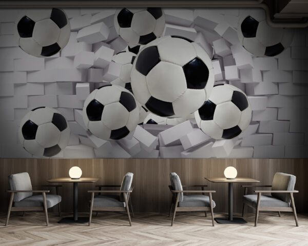 Gruppo di palloni da calcio che volano su un muro Gruppo di palloni da calcio che volano su un muro