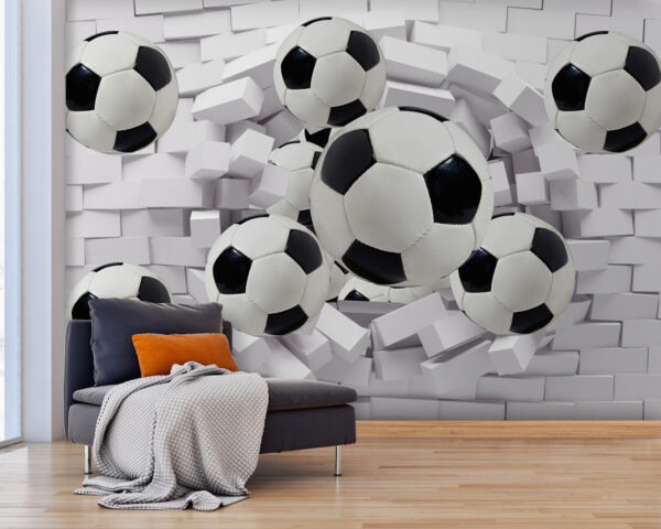 Gruppo di palloni da calcio che volano su un muro Gruppo di palloni da calcio che volano su un muro
