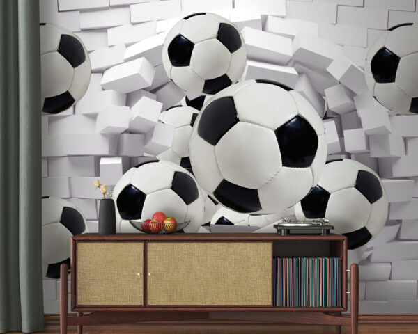 Gruppo di palloni da calcio che volano su un muro Gruppo di palloni da calcio che volano su un muro