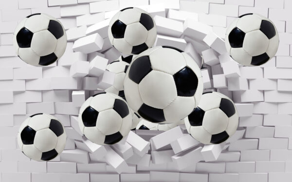 Gruppo di palloni da calcio che volano su un muro Gruppo di palloni da calcio che volano su un muro