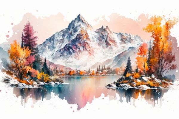 Acquerello di una montagna e di un lago Acquerello di una montagna e di un lago