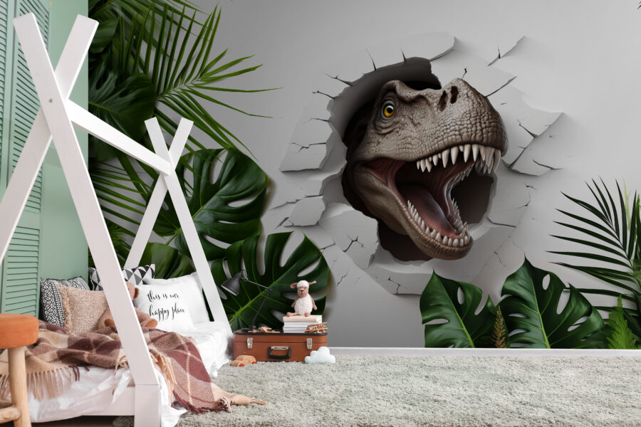 Testa di dinosauro che esce da un buco nel muro Testa di dinosauro che esce da un buco nel muro