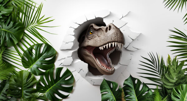 Testa di dinosauro che esce da un buco nel muro Testa di dinosauro che esce da un buco nel muro