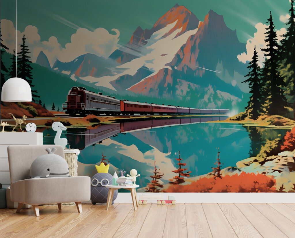 Train on the tracks by a lake