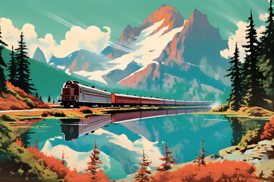 Treno sui binari vicino a un lago