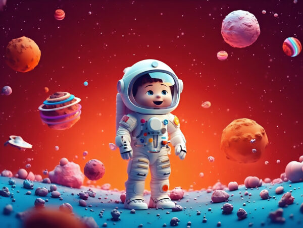 Cartone animato di un astronauta giocattolo nello spazio Cartone animato di un astronauta giocattolo nello spazio