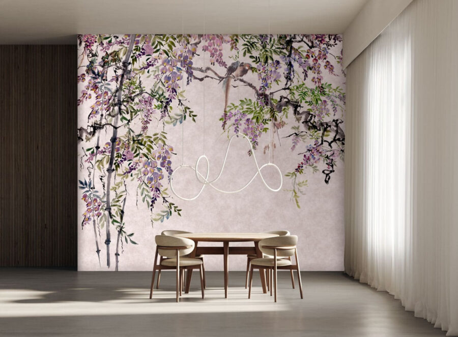 Pittura di un albero con fiori viola