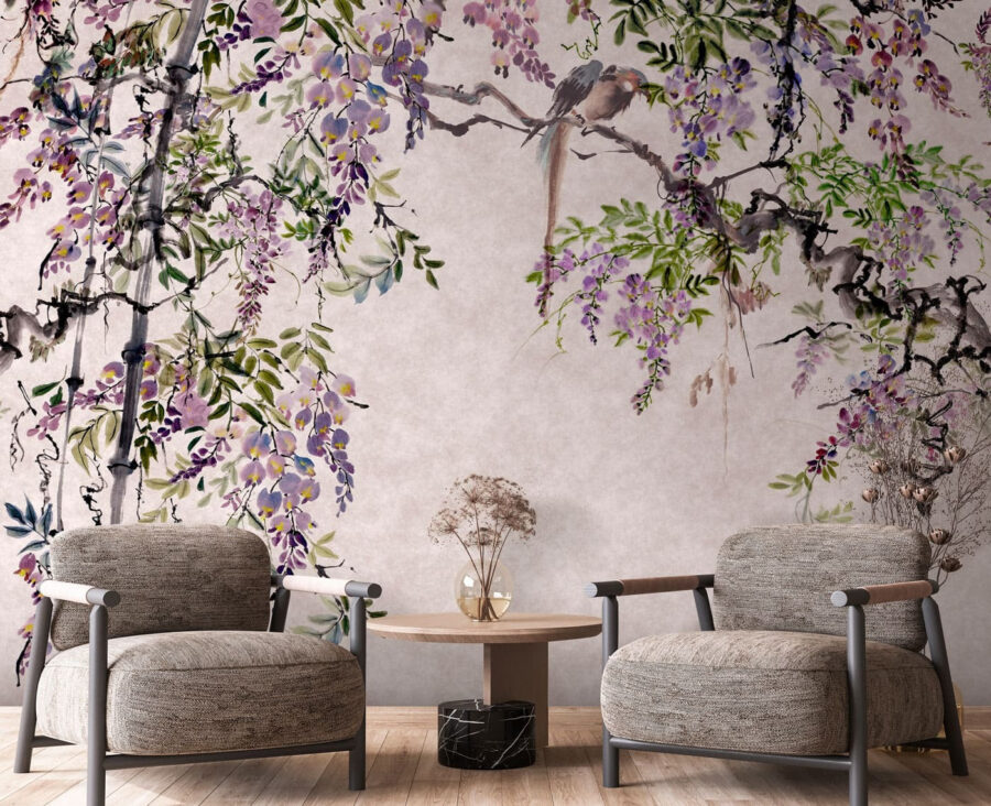 Pittura di un albero con fiori viola