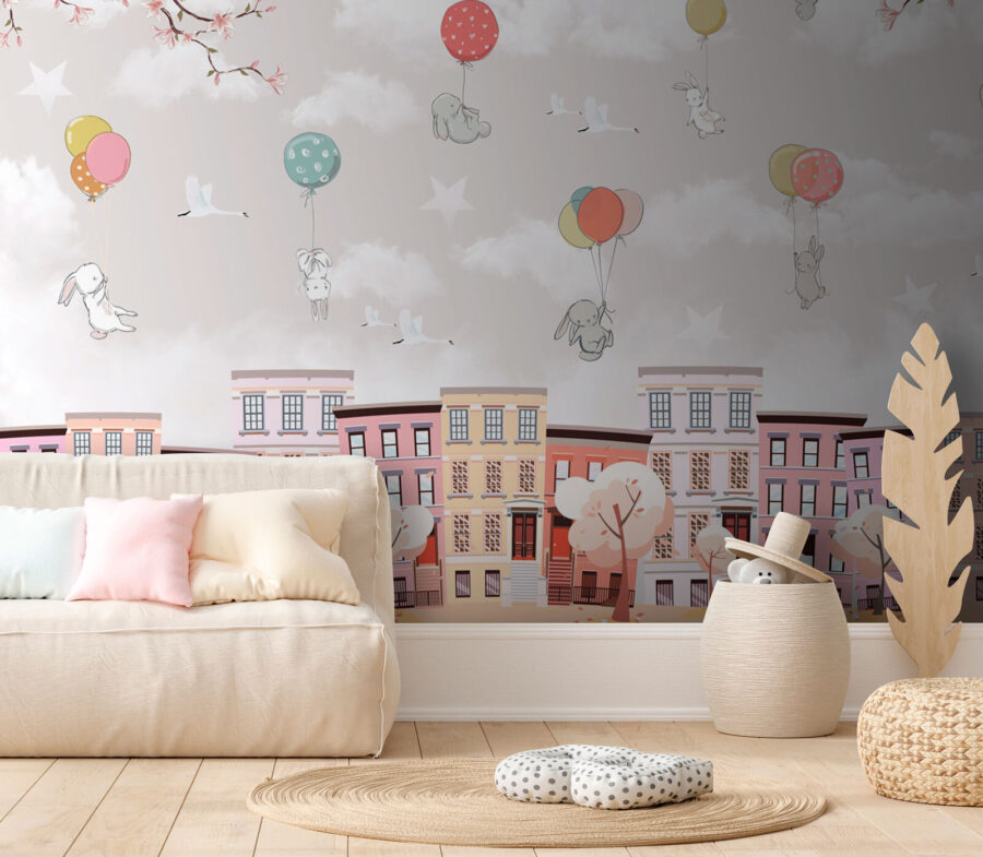 Città con alberi e palloncini Città con alberi e palloncini