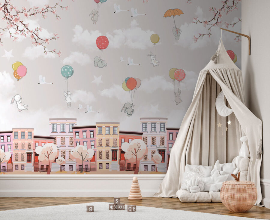Città con alberi e palloncini Città con alberi e palloncini