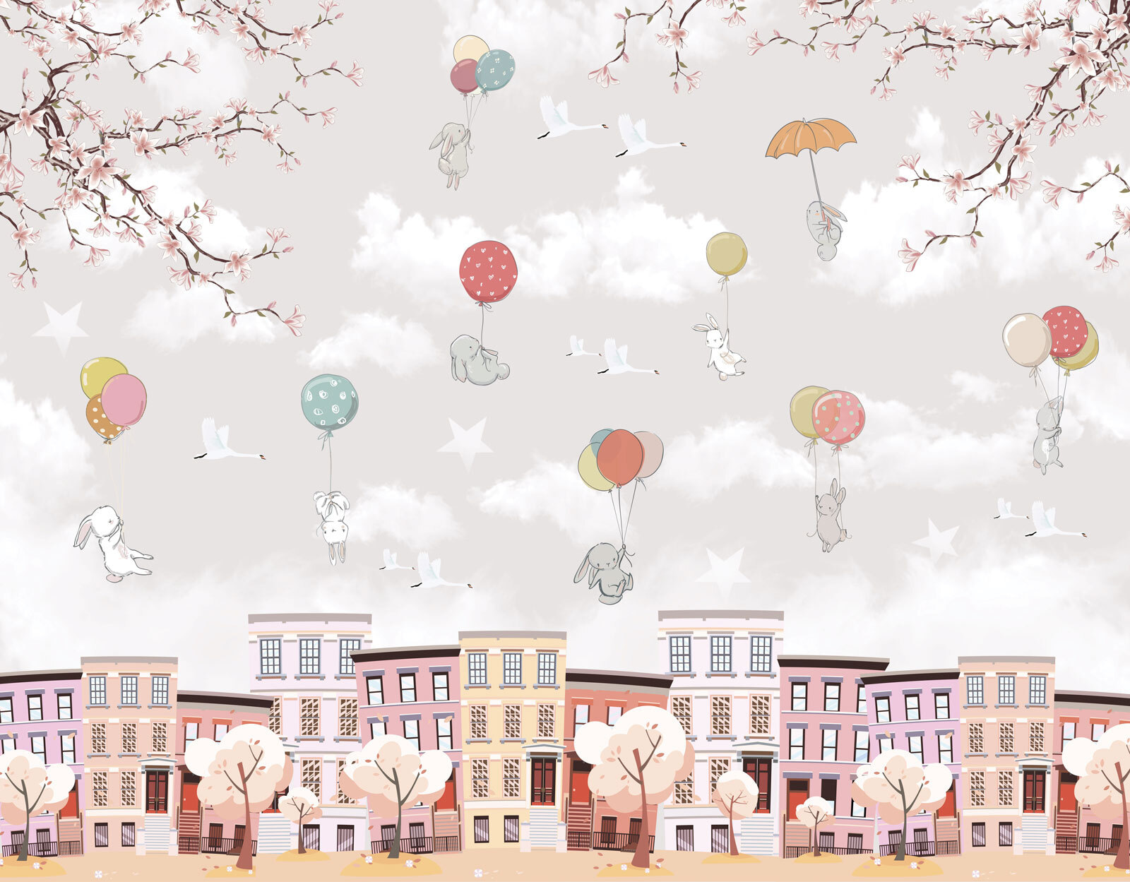City with trees and balloons