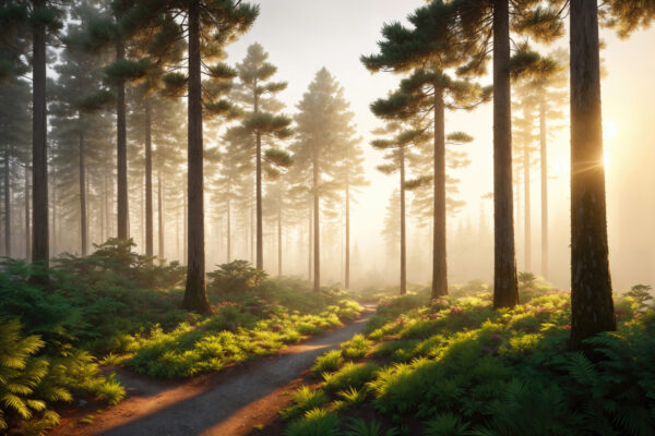 Sentiero attraverso un bosco con alberi e piante Sentiero attraverso un bosco con alberi e piante