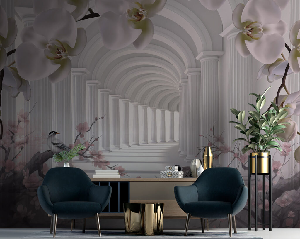 White archway with white columns and birds White archway with white columns and birds