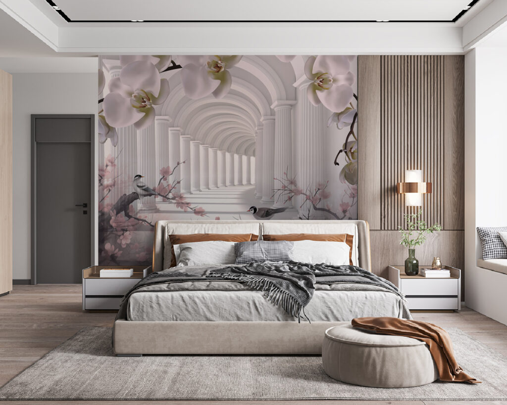 White archway with white columns and birds White archway with white columns and birds