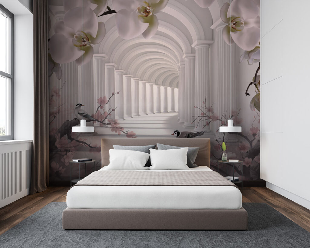 White archway with white columns and birds White archway with white columns and birds