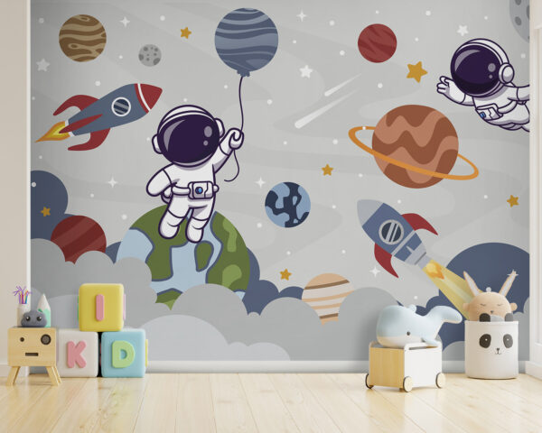 Cartone animato astronauta nello spazio con pianeti e razzo che vola nel cielo Cartone animato astronauta nello spazio con pianeti e razzo che vola nel cielo