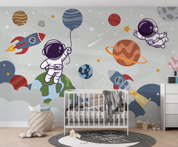 Cartone animato astronauta nello spazio con pianeti e razzo che vola nel cielo Cartone animato astronauta nello spazio con pianeti e razzo che vola nel cielo