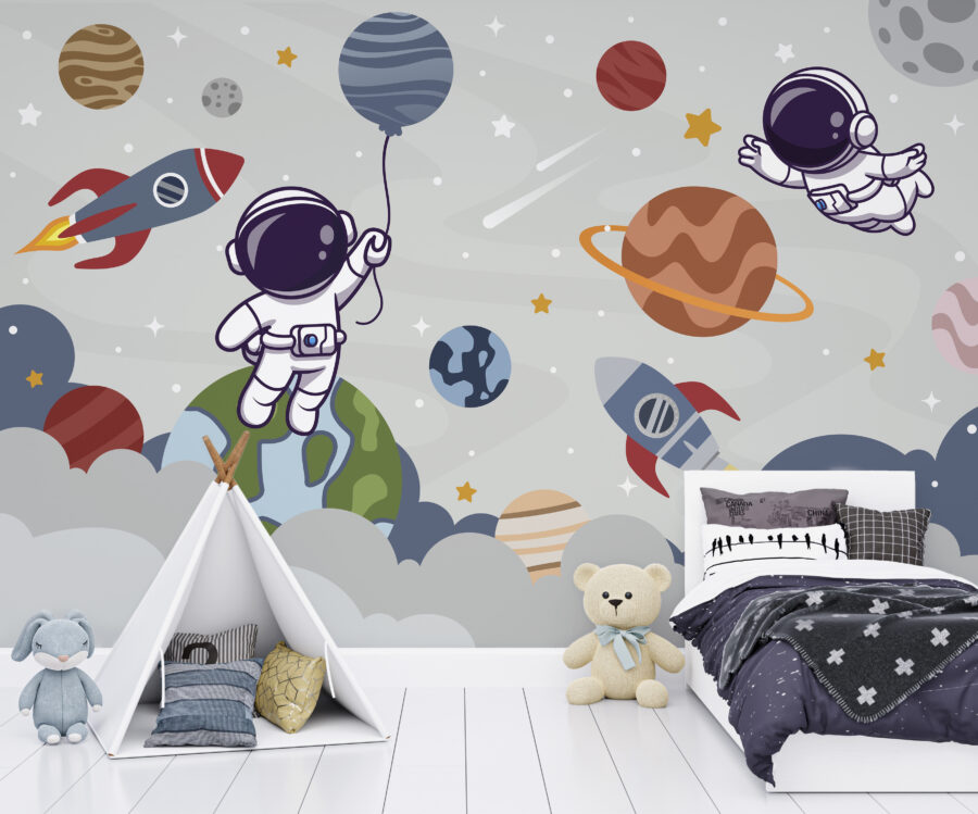 Carta da parati Cartone animato astronauta nello spazio con pianeti e razzo che vola nel cielo