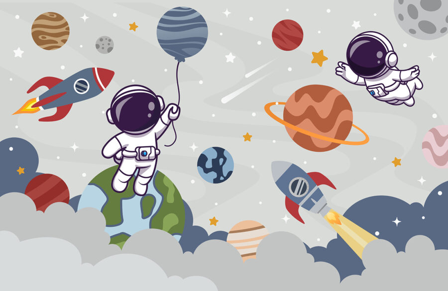Carta da parati Cartone animato astronauta nello spazio con pianeti e razzo che vola nel cielo - immagine 7
