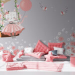 Carta da parati Cartone animato di un gatto su un'altalena