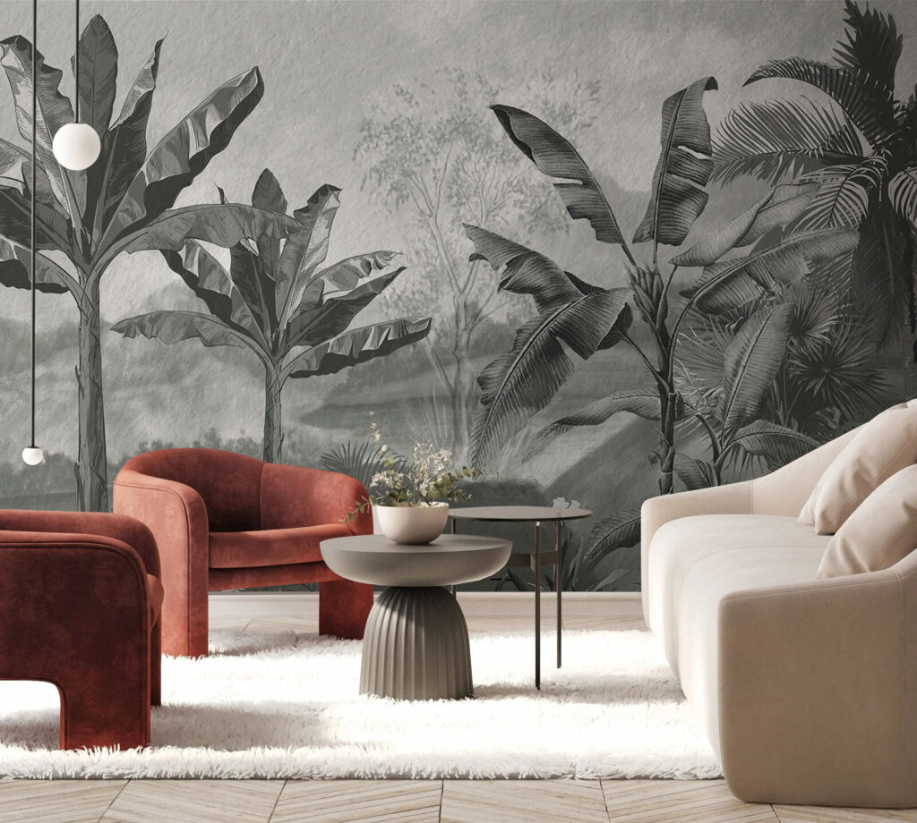 Black and white image of a tropical forest