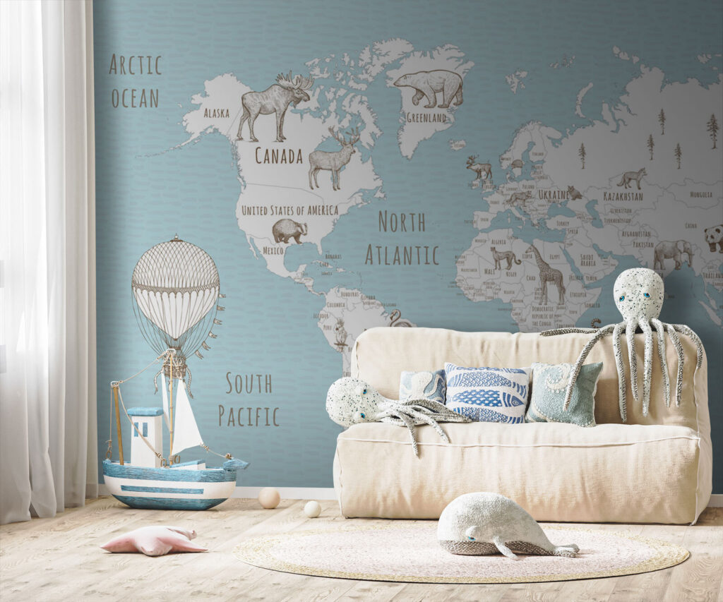 Map of the world with animals