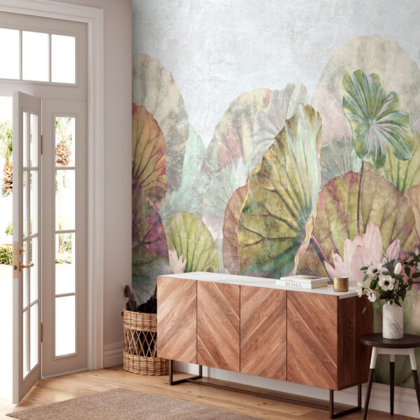 Delicate water lily leaves and blossoms