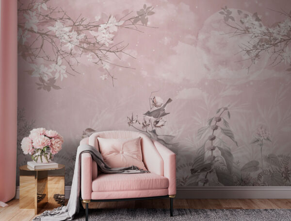 Sfondo rosa con uccelli e fiori Sfondo rosa con uccelli e fiori