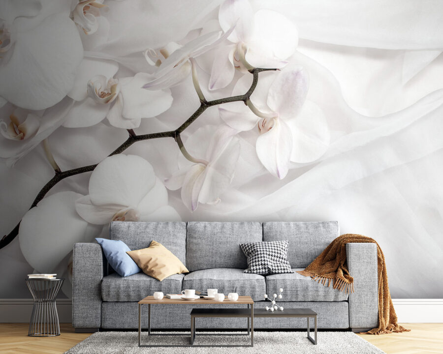 Orchidee bianche su tessuto bianco Orchidee bianche su tessuto bianco