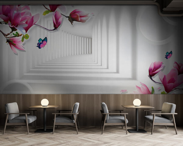 Carta da parati con fiori rosa e farfalle Carta da parati con fiori rosa e farfalle