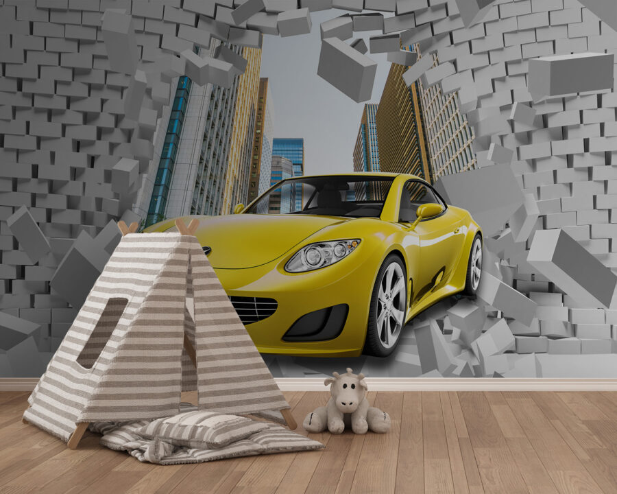 Auto gialla in un muro di mattoni Auto gialla in un muro di mattoni