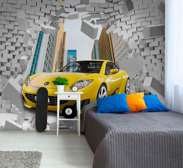 Auto gialla in un muro di mattoni Auto gialla in un muro di mattoni