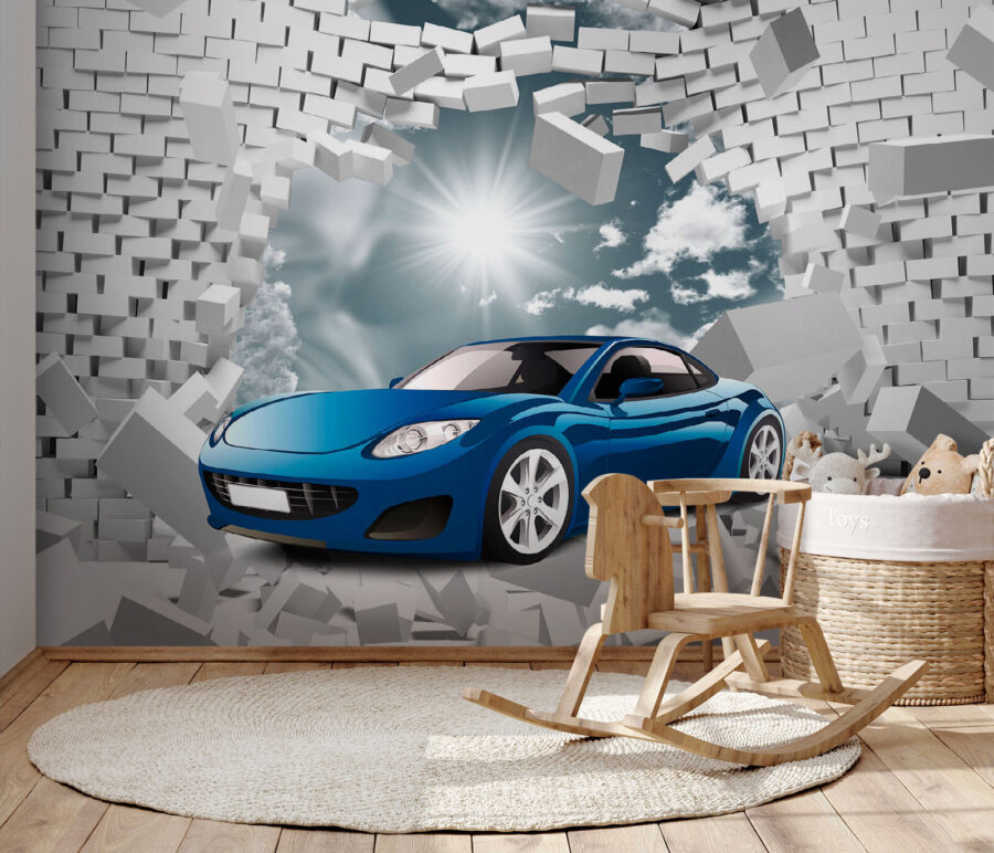 Auto blu in un muro di mattoni bianchi