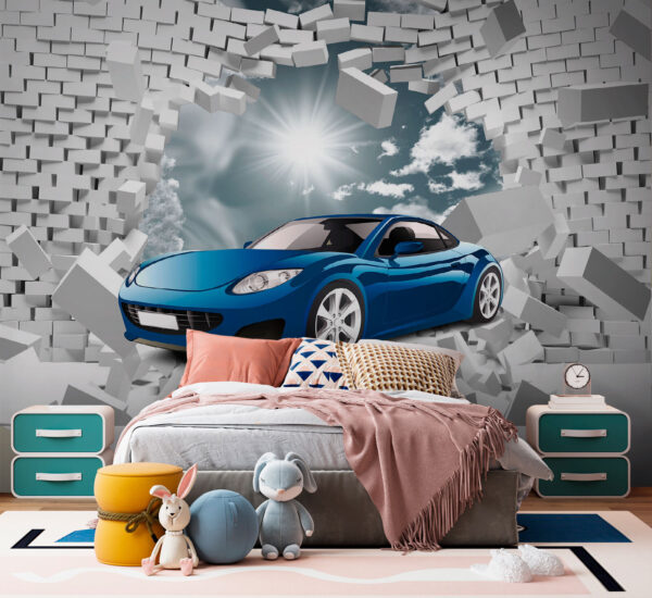 Auto blu in un muro di mattoni bianchi Auto blu in un muro di mattoni bianchi