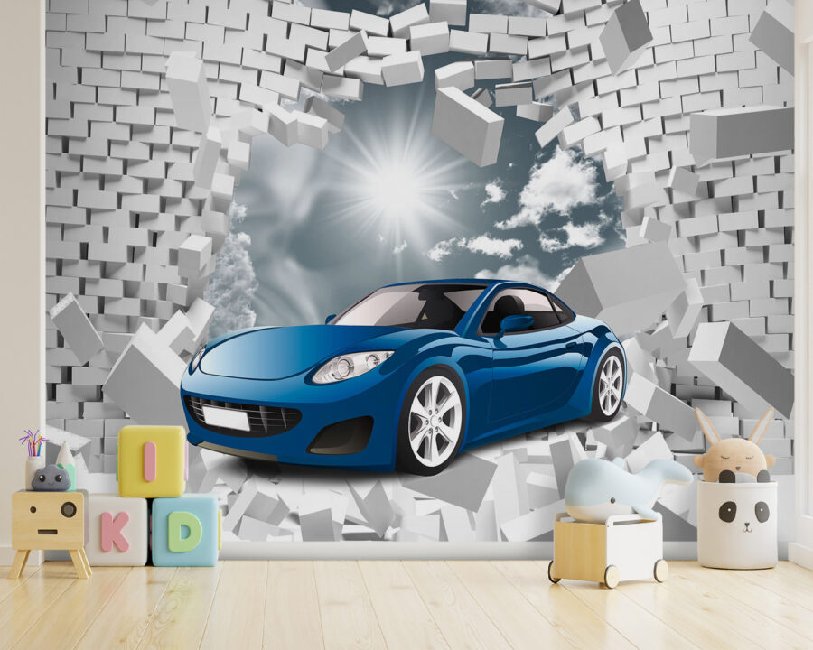 Auto blu in un muro di mattoni bianchi