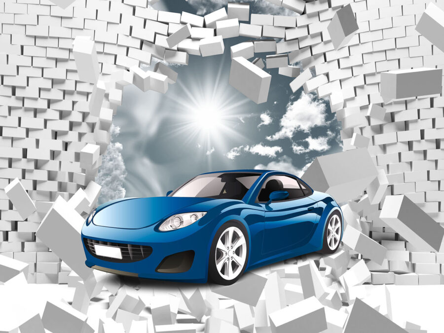 Auto blu in un muro di mattoni bianchi