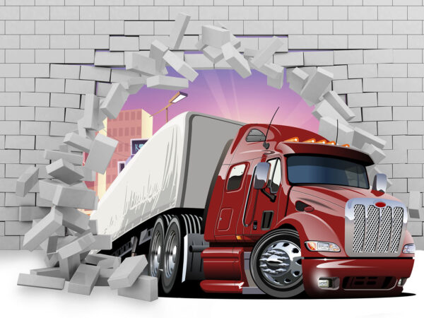 Camion che sfonda un muro di mattoni Camion che sfonda un muro di mattoni