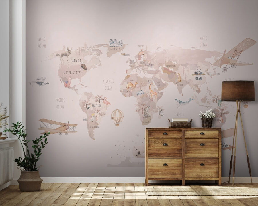 Mappa del mondo con aerei e orsi polari Mappa del mondo con aerei e orsi polari