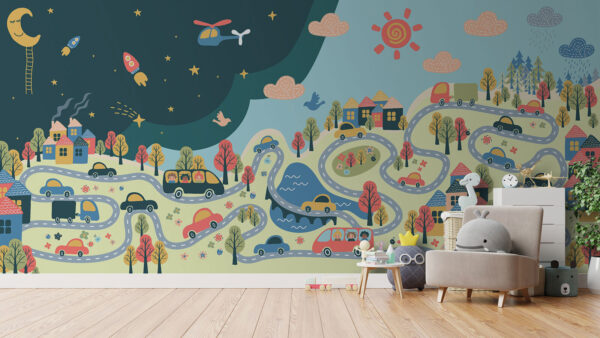 Cartoon of cars and houses